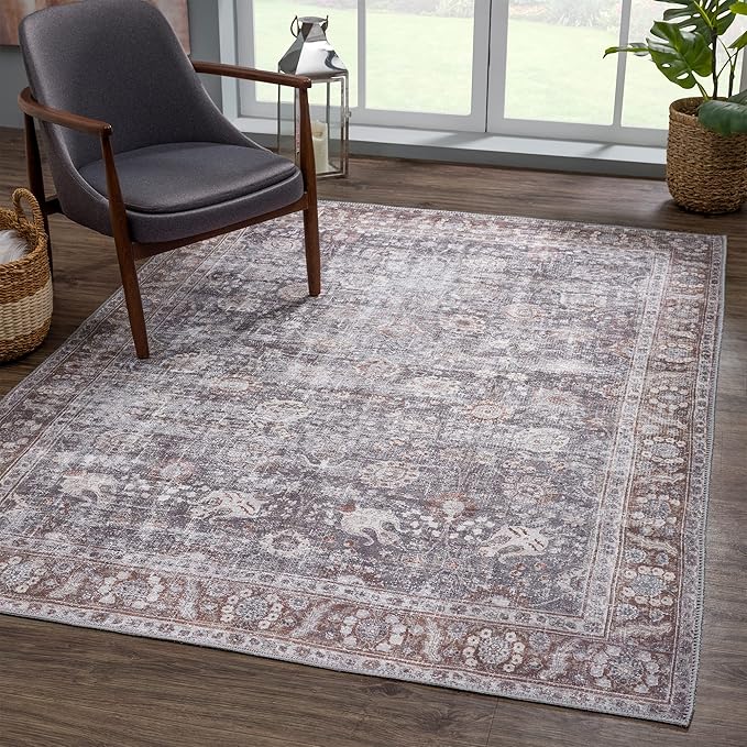 Bloom Rugs Washable 6' x 9' Rug - Brown/Dark Gray Traditional Area Rug for Living Room, Bedroom, Dining Room, and Kitchen - Exact Size: 6' x 9'