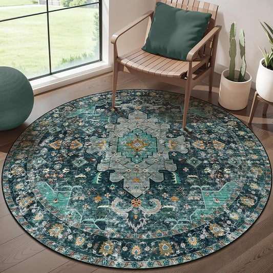 Ciicool Washable Area Rug Round 4’x4’ Teal Boho Bedroom Non-Slip Oriental Entry Throw Low-Pile Indoor Floor Carpet for Living Room Laundry Foyer Decor (Teal/Multi)