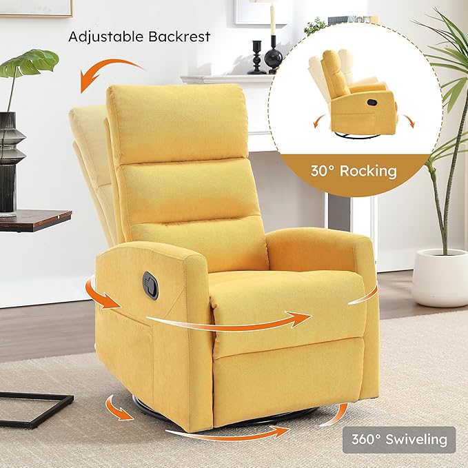 360° Swivel Rocking Chair for Nursery, Manual Glider Chair Nursing Chair with Side Pockets, Polyester Glider for Living Room, Heavy Duty Motion Mechanism, Yellow