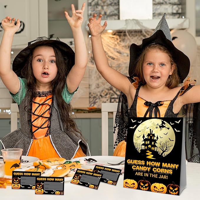 Halloween How Many Candy Corns Are In The Jar - 1 Standing Sign & 50 Guessing Cards - Halloween Funny Pumpkins Party Game & Decoration For Boys, Girls, Adults - Baby Shower, Birthday Game Set - A06