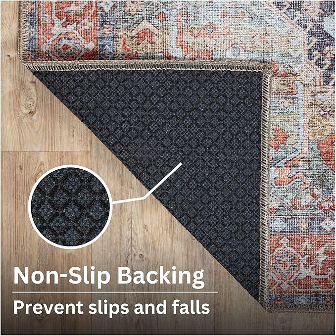 Bloom Rugs Washable Non-Slip 6' x 9' Rug - Terracotta/Blue Traditional Medallion Area Rug for Living Room, Bedroom, Dining Room, and Kitchen - Exact Size: 6' x 9'