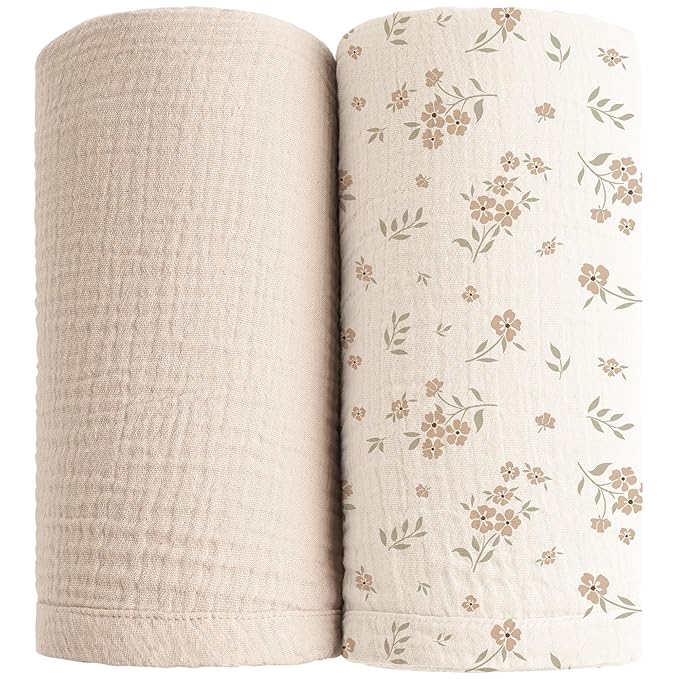 Konssy Muslin Swaddle Blankets for Boys Girls, 2 Pack Receiving Baby Blanket Large 47 x 47 inches, Soft Breathable Swaddling Wrap for Unisex Newborn (Blossom,Cream)