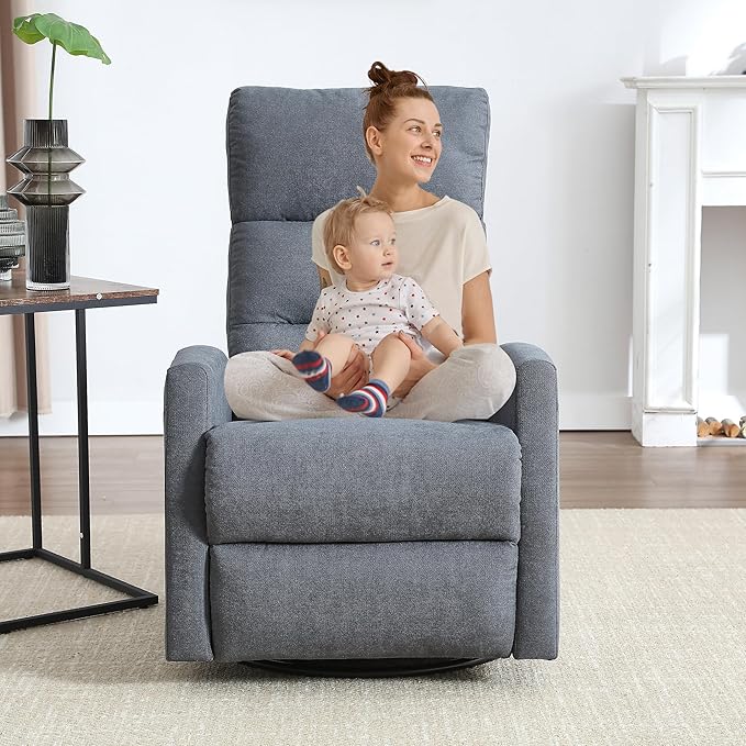 360° Swivel Rocking Chair for Nursery, Manual Glider Chair Nursing Chair with Side Pockets, Polyester Glider for Living Room, Heavy Duty Motion Mechanism, Gray