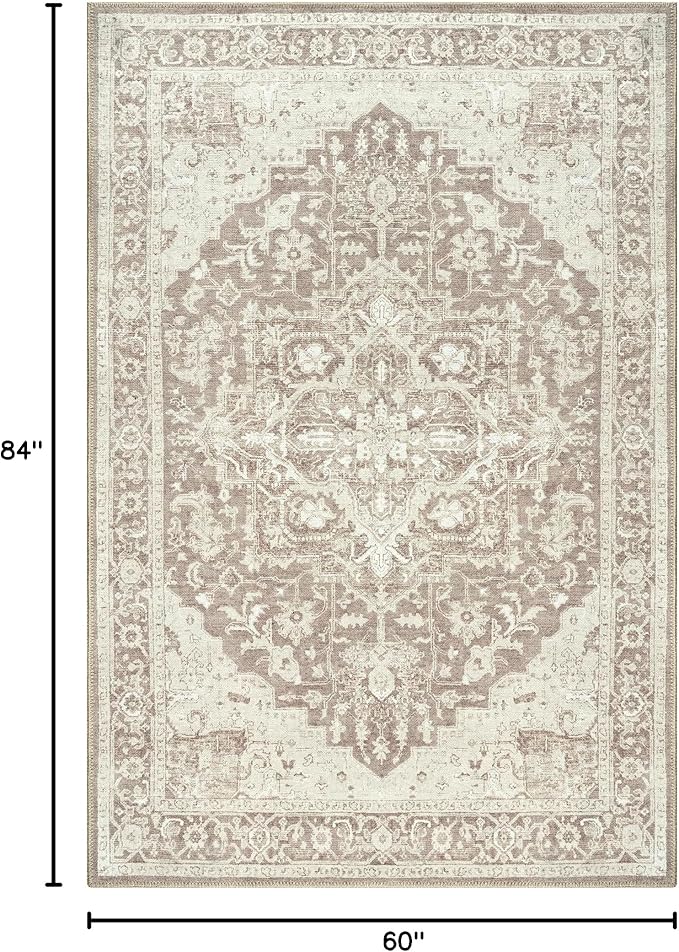 Bloom Rugs Washable Non-Slip 5' x 7' Rug - Light Brown Traditional Medallion Area Rug for Living Room, Bedroom, Dining Room, and Kitchen - Exact Size: 5' x 7'