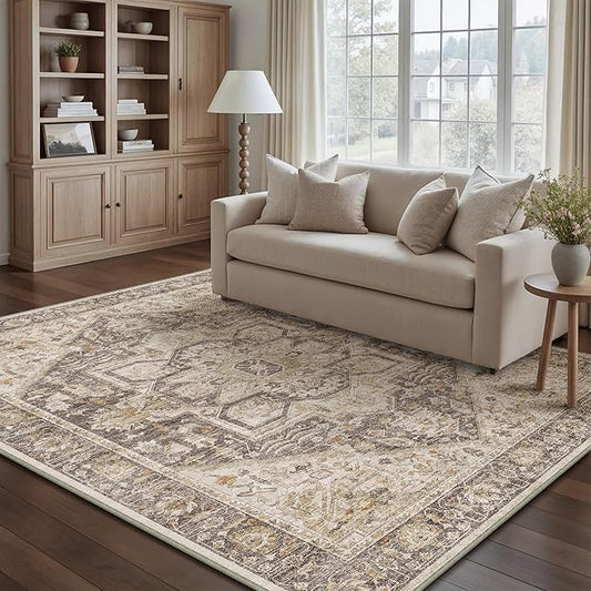 Taupe Brown Area Rug 4x6 Vintage Office Washable Distressed Kitchen Carpet Non Slip Soft Indoor Traditional Medallion Retro Accent Throw Rug for Entryway Bedroom Dining Living Room