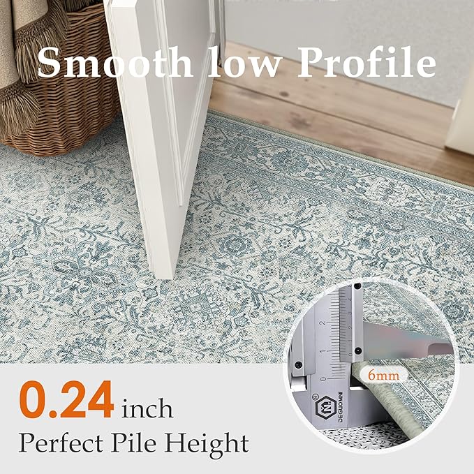 Vintage Area Rug 4x6 Blue Entryway Office Washable Carpet Non Slip Bedroom Indoor Living Room Door Mat Low Pile Traditional Distressed Retro Accent Rug for Dining Room Bathroom Kitchen