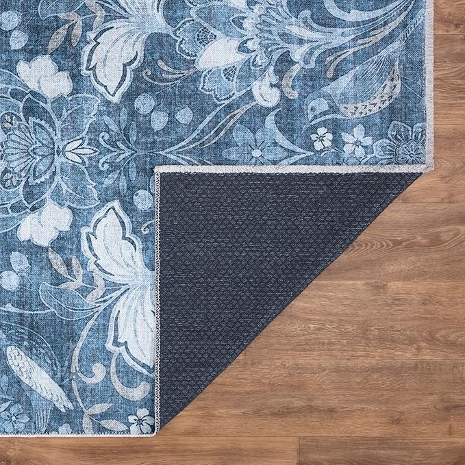 Bloom Rugs Caria Washable Non-Slip 10 ft Runner - Blue/Ivory Floral Runner for Entryway, Hallway, Bathroom, and Kitchen - Exact Size: 2'6" x 10'