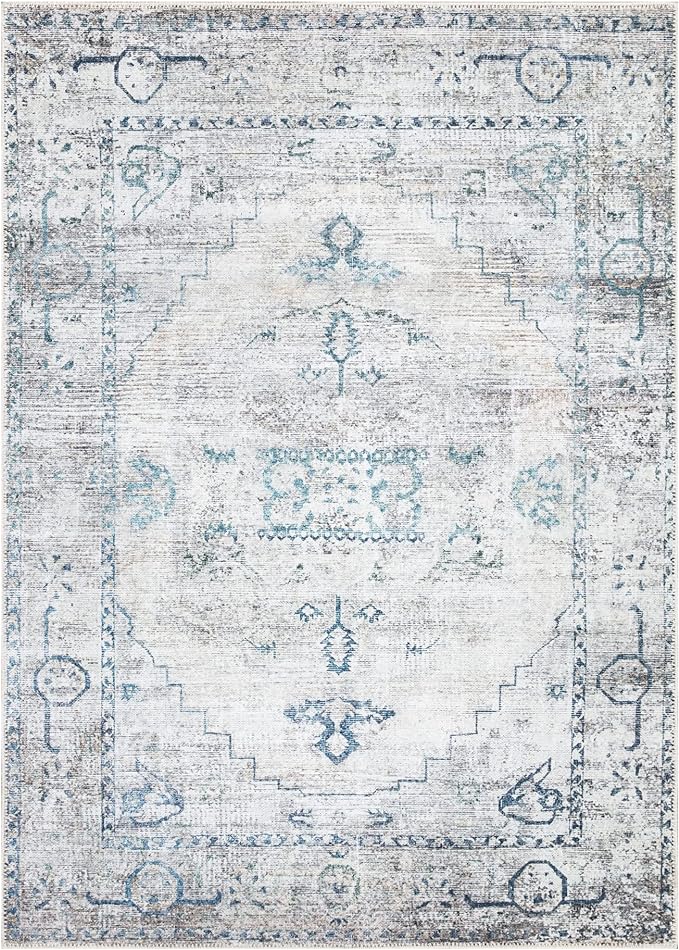 Bloom Rugs Washable Non-Slip 4' x 6' Rug - Teal/Beige Traditional Area Rug for Living Room, Bedroom, Dining Room, and Kitchen - Exact Size: 4' x 6'