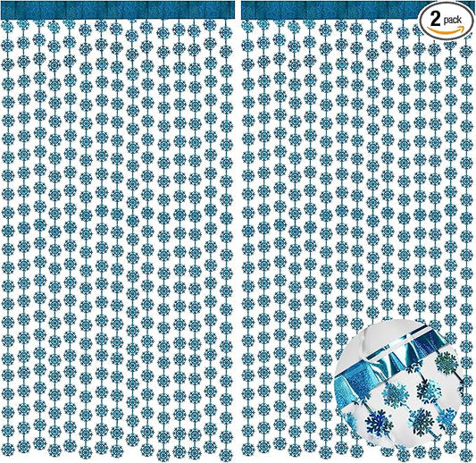 BRAVESHINE Blue Party Snowflake Backdrop - 2 Pack Hanging Foil Fringe Snow Flakes Party Streamers Curtain for Christmas Winter-Themed Frozen Birthday Baby Shower Holiday New Year Party Decorations