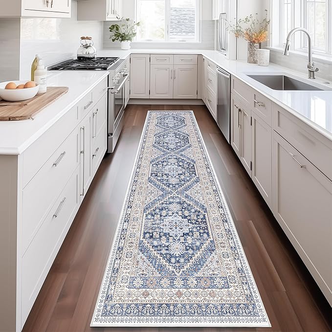zesthome Washable Runner Rug 2.5x10 - Stain Resistant Entryway Rug,Ultra-Thin Kitchen Rugs, Anti Slip Backing Runner Rugs for Entrance Laundry Room Indoor Hallway (Blue/Beige,2.5'x10')