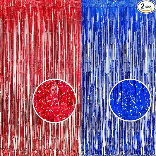 Foil Fringe Curtain 4th of July Decorations - Red Blue Metallic Tinsel Photo Booth Backdrop Party Steamers Curtains for Birthdays Christmas New Years Valentines Bachelorette Parties