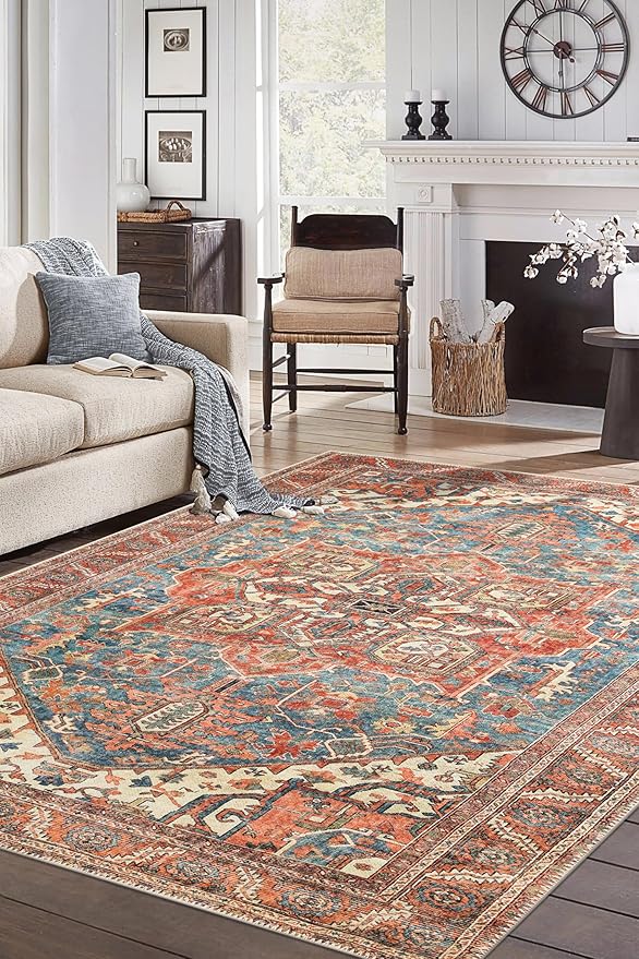 Keen Home Design 6x9 Rug - Machine Washable Area Rug with Non-Slip Backing, Ideal for Living Room, Dining Room, Bedroom - Vintage, Easy Clean, Durable, Low Pile Rug - (6' x 9')