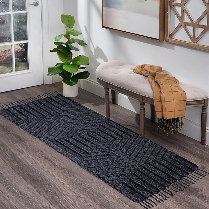 Boho Bathroom Rug 2' x 6', Washable Hand-Woven Tufted Cotton with Tassels, Farmhouse Kitchen Mat for Foyer, Bedroom, Back Door Décor - Dark Grey