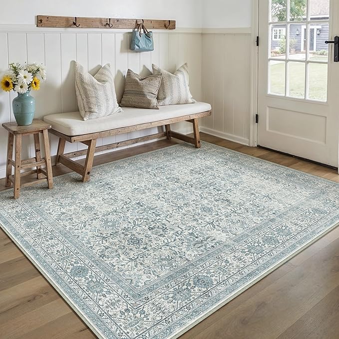 Vintage Area Rug 4x6 Blue Entryway Office Washable Carpet Non Slip Bedroom Indoor Living Room Door Mat Low Pile Traditional Distressed Retro Accent Rug for Dining Room Bathroom Kitchen