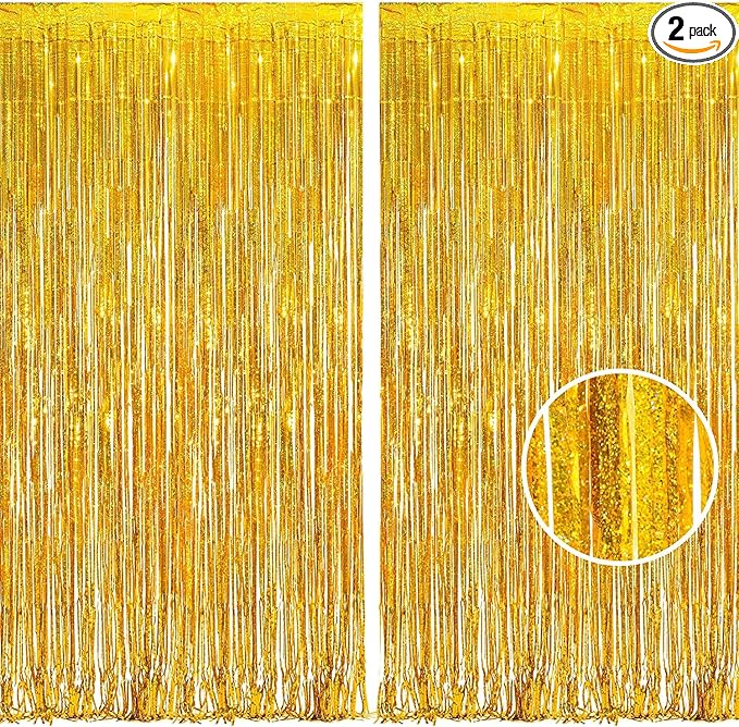 BRAVESHINE Gold Tinsel Foil Fringe Curtains - 2Pcs 3.2x8.2ft Holidays Photo Backdrop for Men 60th Birthdays/Bridal Wedding/Engagement/Anniversary/Hawaiian/Luau/Christmas/New Years Party Decorations