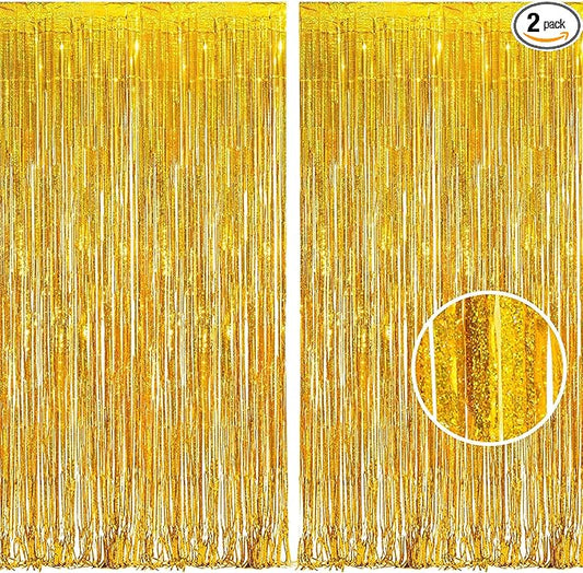 BRAVESHINE Gold Tinsel Foil Fringe Curtains - 2Pcs 3.2x8.2ft Holidays Photo Backdrop for Men 60th Birthdays/Bridal Wedding/Engagement/Anniversary/Hawaiian/Luau/Christmas/New Years Party Decorations