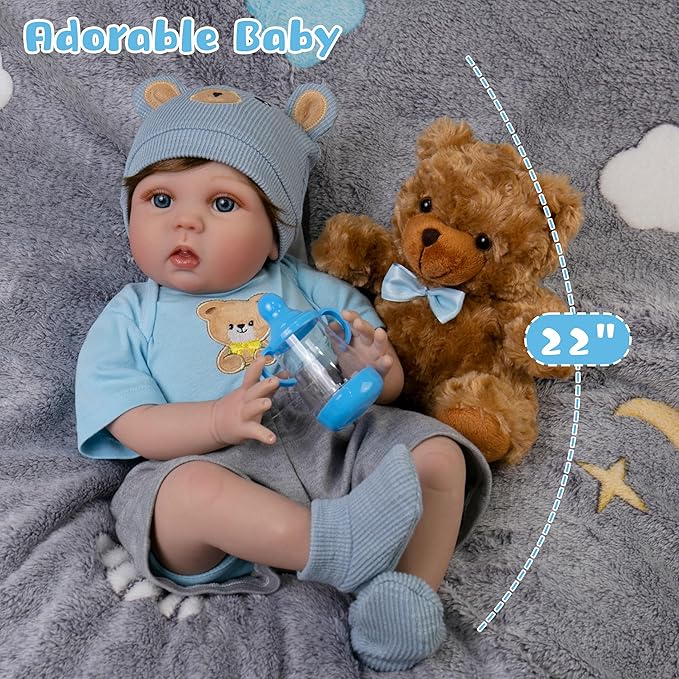 Reborn Baby Dolls 22-Inch Real Life Newborn Dolls Soft Cloth Body Lifelike Baby Doll Boys with Clothes and Toy Accessories Life Size Realistic Baby Doll for Kids Age 3+