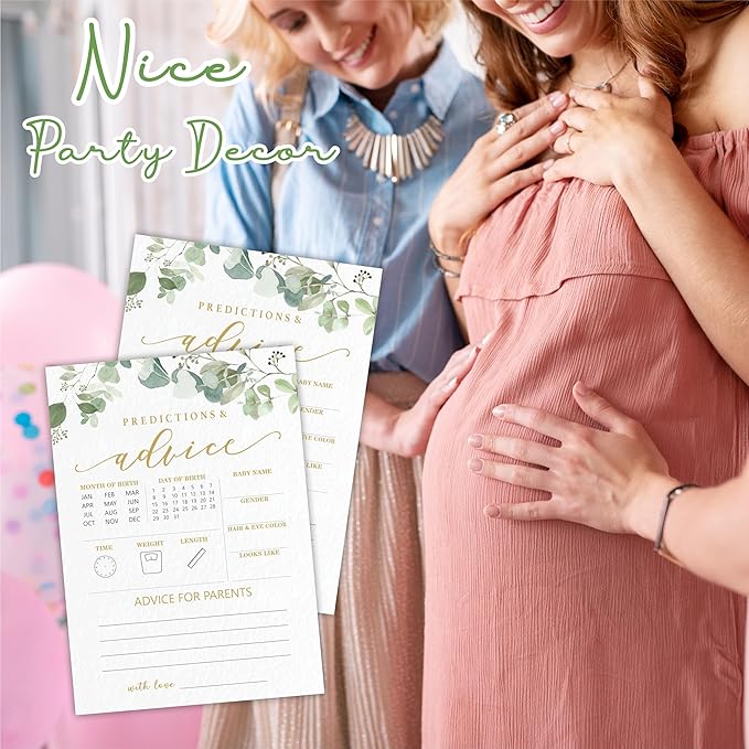 Predictions & Advice Game Cards For Baby Shower - Golden Greenery - 30 Double-Sided Fill In Style Game Cards For Gender Reveal, Baby Announcement, Party Games & Activity - D02