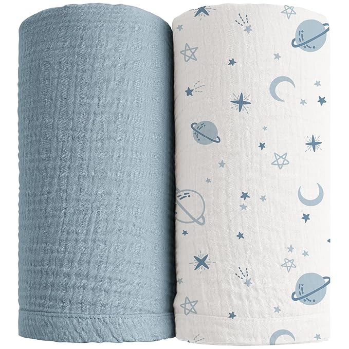 Konssy Muslin Swaddle Blankets for Boys Girls, 2 Pack Receiving Baby Blanket Large 47 x 47 inches, Soft Breathable Swaddling Wrap for Unisex Newborn (Star,Blue)