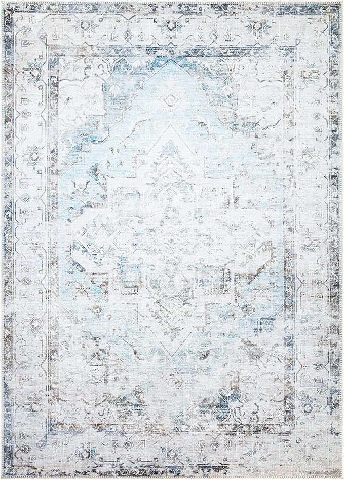Bloom Rugs Washable Non-Slip 3' x 5' Rug - Beige/Blue Traditional Area Rug for Living Room, Bedroom, Dining Room, and Kitchen - Exact Size: 3' x 5'