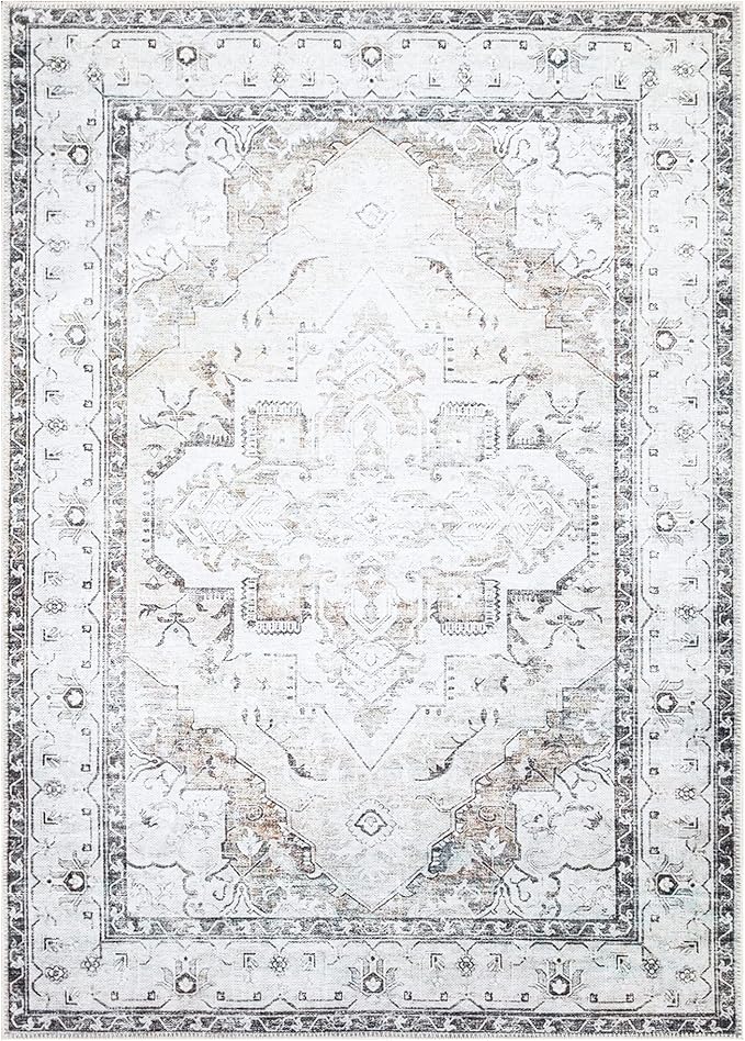Bloom Rugs Washable Non-Slip 6' x 9' Rug - Brown/Beige/Charcoal Traditional Area Rug for Living Room, Bedroom, Dining Room, and Kitchen - Exact Size: 6' x 9'