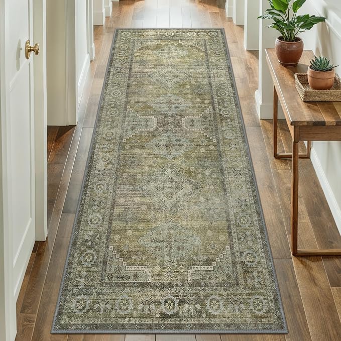 GENIMO Runner Rug 2x5 Non Slip Machine Washable Vintage Hallway Runner Rugs, Low Pile Lightweight Mat for Living Room, Entryway, Bedroom, Kitchen and Corridor, Distressed Sage