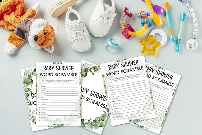 Baby Shower Game Cards, Word Scramble Game, Tropical Jungle Theme Party Cards for Gender Neutral Boys or Girls, Set of 30 Cards(Green005)