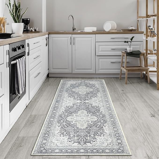Bloom Rugs Washable Non-Slip 10 ft Runner - Charcoal Blue Traditional Medallion Runner for Entryway, Hallway, Bathroom, and Kitchen - Exact Size: 2.5' x 10'