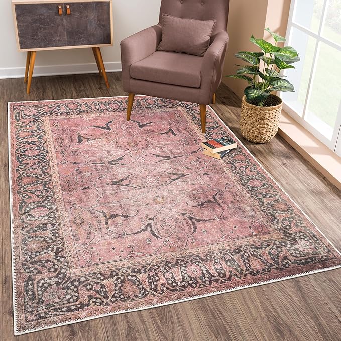 Bloom Rugs Washable Non-Slip 9' x 12' Rug - Soft Pink Traditional Bordered Area Rug for Living Room, Bedroom, Dining Room, and Kitchen - Exact Size: 9' x 12'