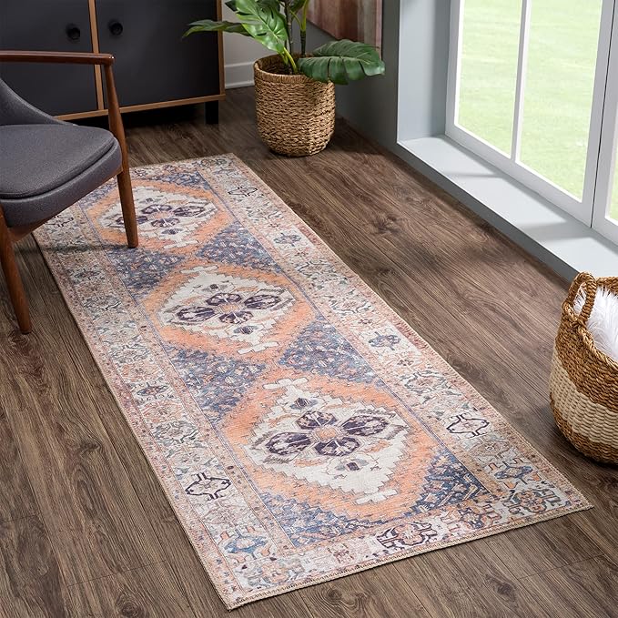 Bloom Rugs Washable 7 ft Runner - Orange/Blue/Beige Traditional Runner for Entryway, Hallway, Bathroom, and Kitchen - Exact Size: 2.5' x 7'