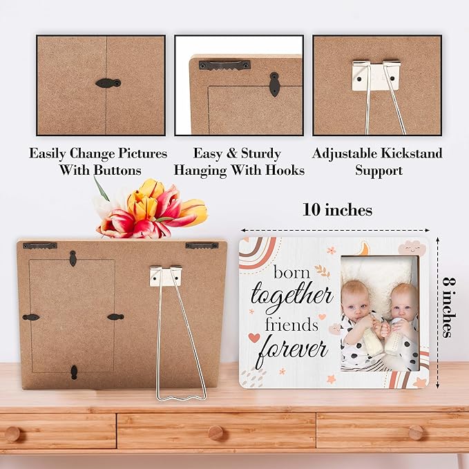Twins Baby Pictures Frame, Born Together Friend Forever Photo Frame, Twins Gifts for Babies, New Baby Gifts For New Mom Dad, Home Living Room Bedroom Decoration -b04