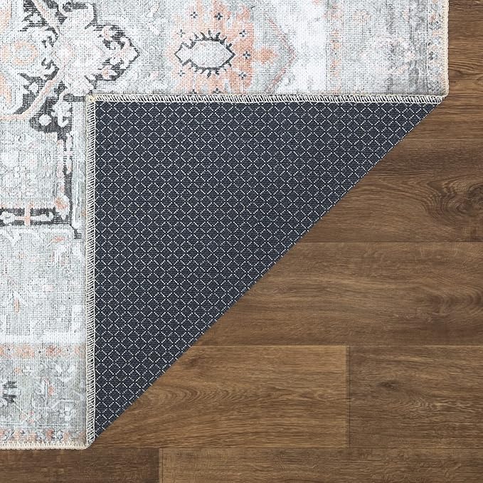 Bloom Rugs Washable Non-Slip 7 ft Runner - Gray/Coral Pink Traditional Runner for Entryway, Hallway, Bathroom, and Kitchen - Exact Size: 2.5' x 7'