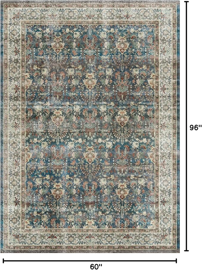 Dripex Vintage Washable Area Rug - 5x8 Distressed Rugs for Living Room Bedroom Oriental Medallion Floral Print Carpet Low-Pile Indoor Soft Non-Slip Accent Rug Farmhouse Office Home Decor