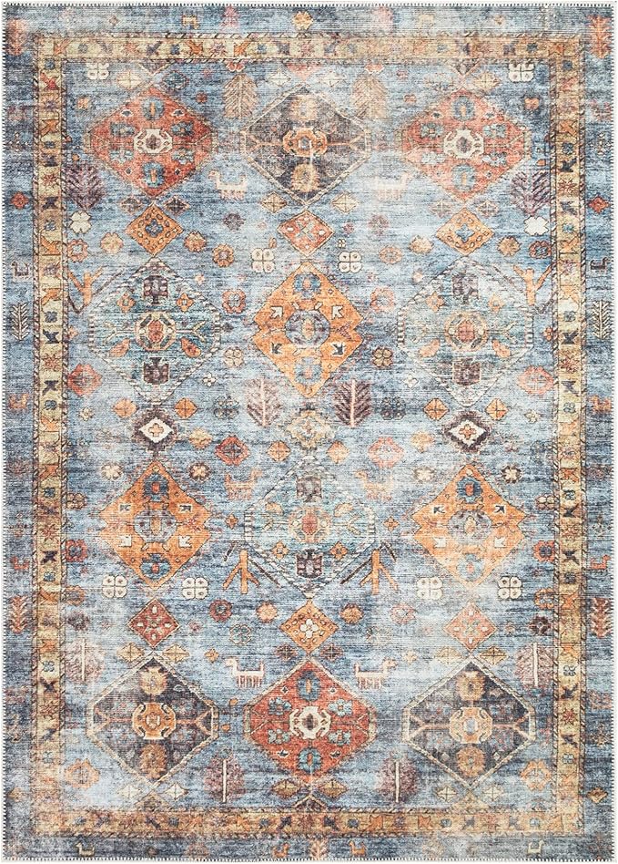 Bloom Rugs Washable Non-Slip 9' x 12' Rug - Blue/Orange Traditional Bordered Area Rug for Living Room, Bedroom, Dining Room, and Kitchen - Exact Size: 9' x 12'