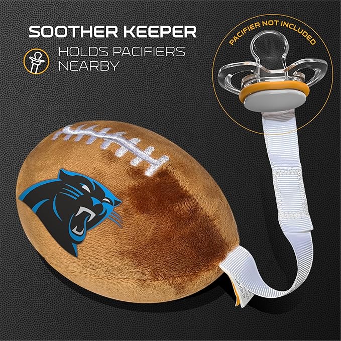 Carolina Panthers Plush Football Pacifier Holder by Smilo - Officially Licensed NFL Soother Holder - Soft Plush Toy and Dummy Holder - Fits Any Pacifier - Stroller Accessory & Newborn Essential
