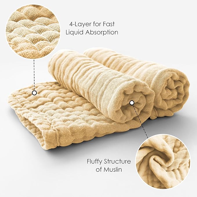 MOON PARK Baby Washcloths, 12 Pack - 12x12 Inches, Small Burp Cloths and Baby Wipes - 100% Cotton Muslin Ultra Soft for Newborn, Infant and Toddlers - Brown