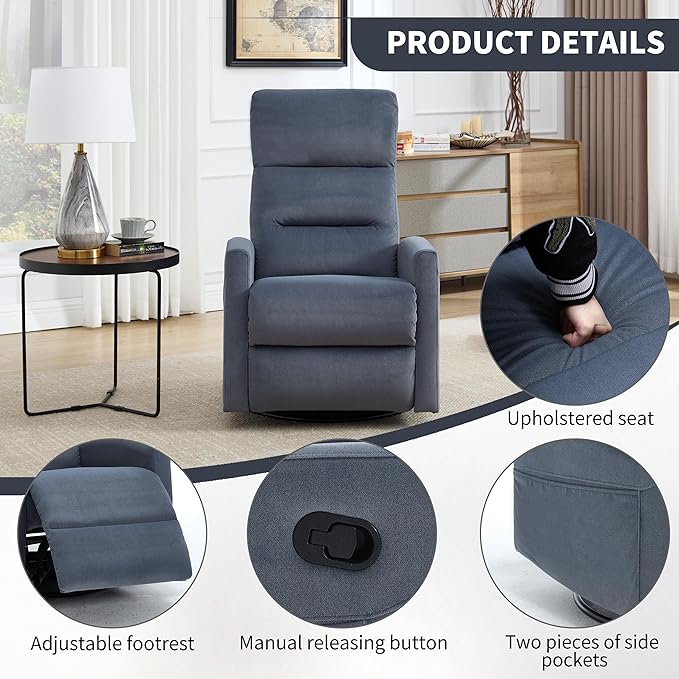 360° Swivel Rocking Chair for Nursery, Manual Glider Chair Nursing Chair with Side Pockets, Polyester Glider for Living Room, Heavy Duty Motion Mechanism, Blue Gray