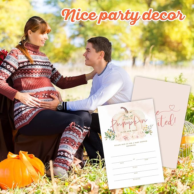 A Sweet Pumpkin Is On Her Way Baby Shower Invitation, Set Of 25 Boho Pumpkin Invites With Envelopes For Baby Girl, Gender Reveal, Baby Announcement Party, Party Favor & Supplies - C03