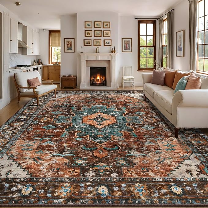 Ciicool 9x12ft Vintage Washable Area Rug,Large Oriental Throw Carpet,Non-Slip Low Pile Rug for Living Room, Bedroom, Dining Room, Office, Kitchen(Brick Red/Dull Teal)