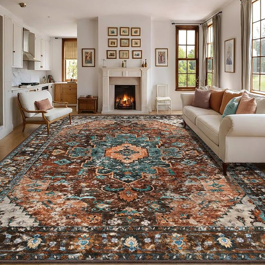 Ciicool 9x12ft Vintage Washable Area Rug,Large Oriental Throw Carpet,Non-Slip Low Pile Rug for Living Room, Bedroom, Dining Room, Office, Kitchen(Brick Red/Dull Teal)