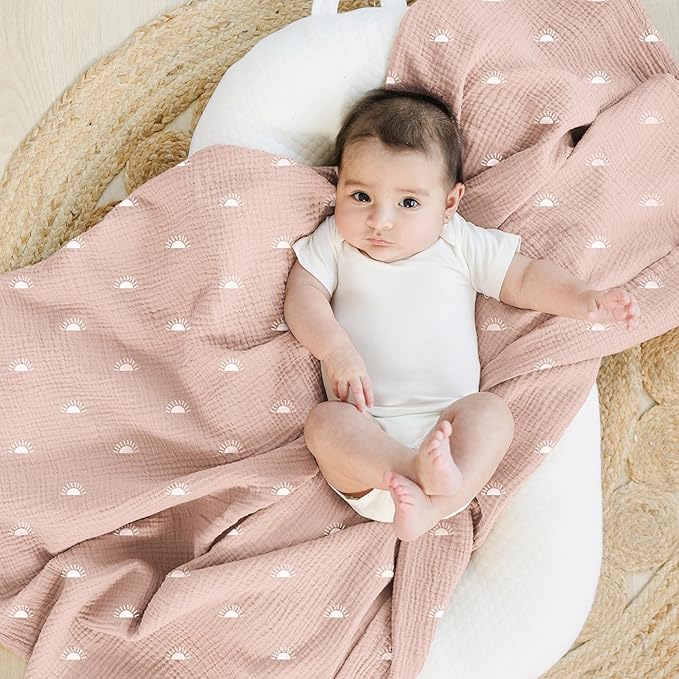 Konssy Muslin Swaddle Blankets for Girls Boys, 2 Pack Receiving Baby Blanket Large 47 x 47 inches, Soft Breathable Swaddling Wrap for Unisex Newborn (Pink Sun,Khaki Leaf)