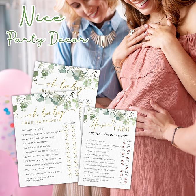 Oh Baby, True Or False Baby Shower Game Cards - Golden Greenery - 30 Double-Sided Fill In Style Game Cards With Answer Card, Gender Reveal, Baby Announcement, Party Games & Activity - D11