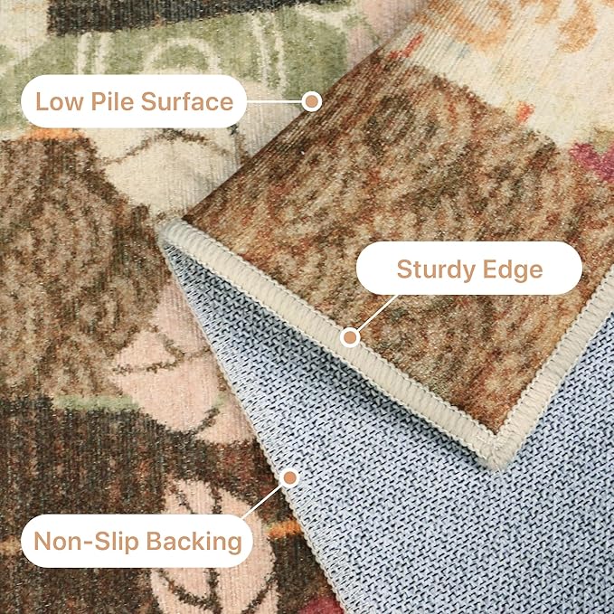 GENIMO Area Rug 2x3 Doormat, Machine Washable Low Pile Rugs, Small Floral Patchwork Retro Chenille Entryway Mat for Entrance, Hallway, Kitchen and Corridor, Auburn Cinnamon