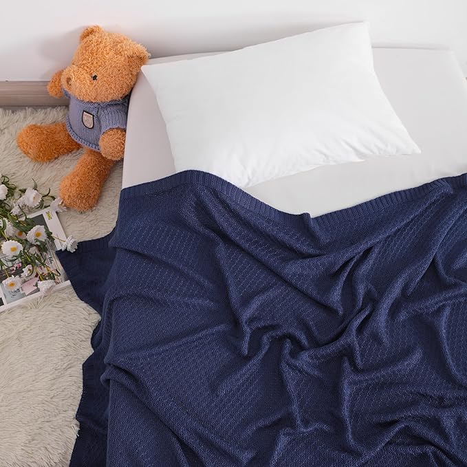NTBAY Cable Knit Cooling Toddler Blanket, Soft and Breathable Baby Blanket 30x40 Inches Made from Rayon Derived from Bamboo for Crib, Stroller, Nursery, Navy Blue