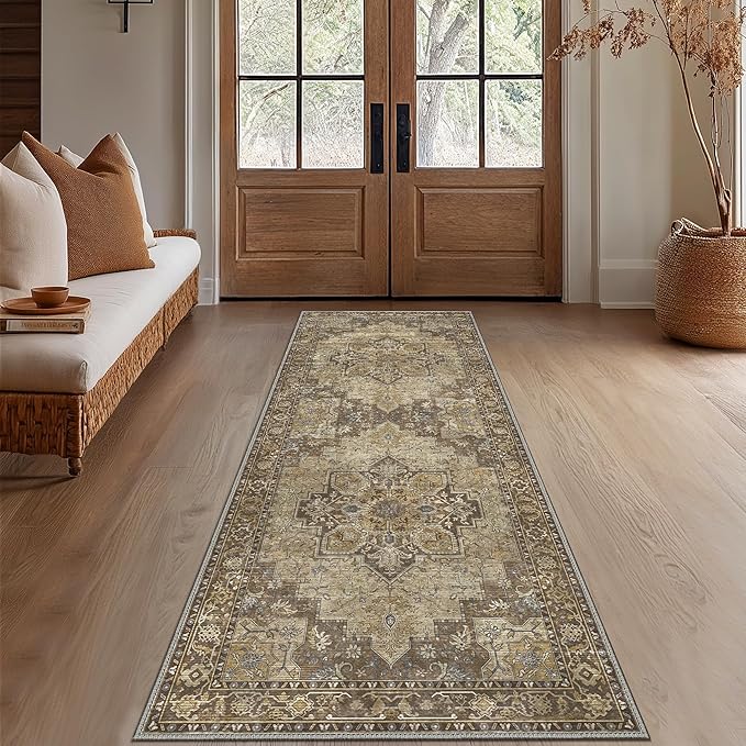 GENIMO 2'6''x14 Runner Rugs for Hallway, Machine Washable Non Slip Vintage Rugs, Low Pile Lightweight Soft Print Rug for enrtyway, Corridor, Home Office, Kitchen, Rustic Brown