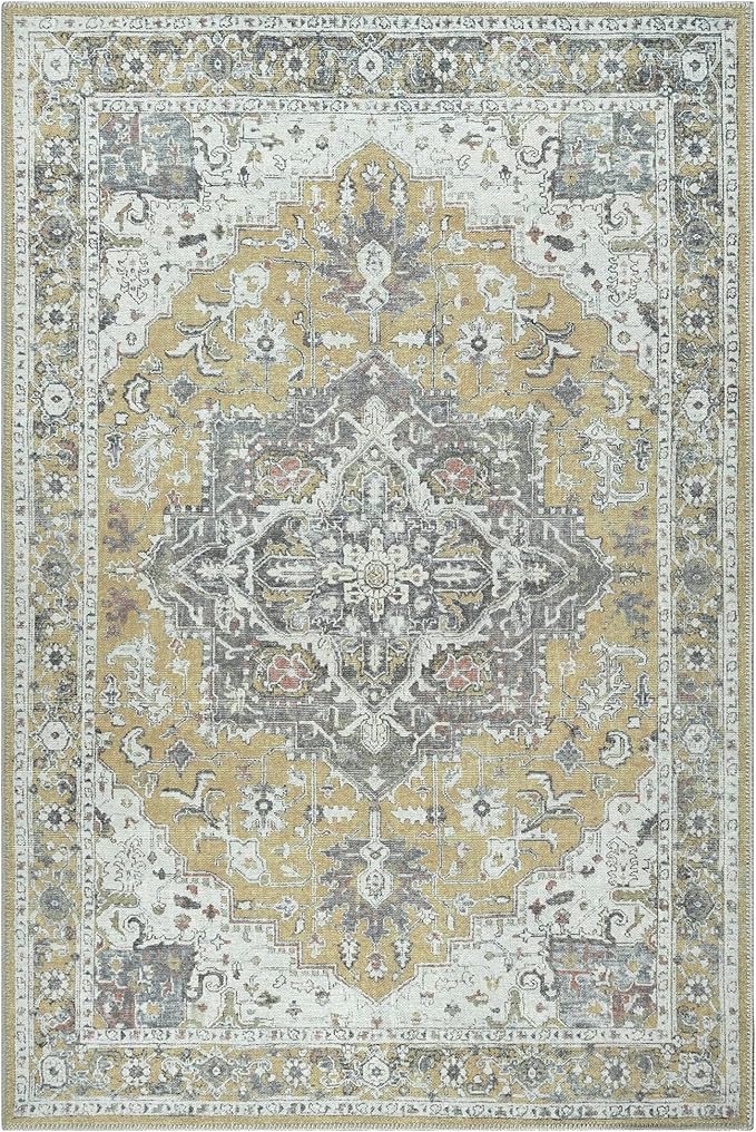 Bloom Rugs Washable Non-Slip 6' x 9' Rug - Yellow Traditional Medallion Area Rug for Living Room, Bedroom, Dining Room, and Kitchen - Exact Size: 6' x 9'