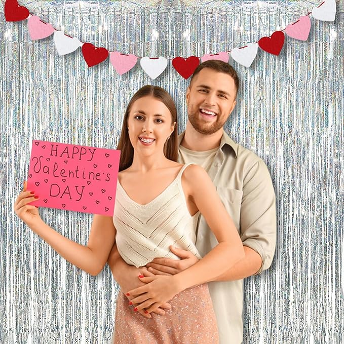 BRAVESHINE Silver Streamers Party Backdrop Decorations - 2Pcs 3.2x8.2ft Tinsel Foil Fringe Curtain Backdrop for Christmas/New Years/Birthdays/Bachelorette/Anniversary/Engagement/Dancing Ball Decor