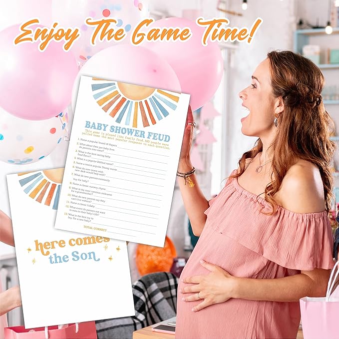 Retro Sunshine Baby Shower Feud Game Kit - Here Comes The Sun - 30 Double-Sided Game Cards & 1 Answer Card For Baby Shower, Gender Reveal Party Favor, Activity & Supplies - A06