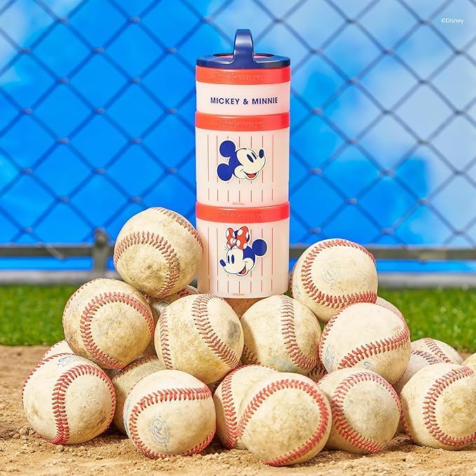 Whiskware Disney Mickey Mouse and Friends Stackable Snack Containers for Babies, Toddlers, and Kids, 3 Stackable Snack Cups for School and Travel, Cupholder Friendly, Mickey and Minnie! Baseball!