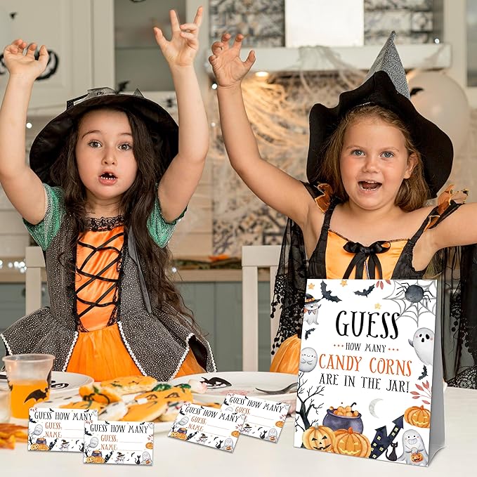 Halloween How Many Candy Corns Are In The Jar - 1 Standing Sign & 50 Guessing Cards - Cute Halloween Party Game & Decoration For Boys, Girls, Adults - Baby Shower, Birthday Game Set - A05